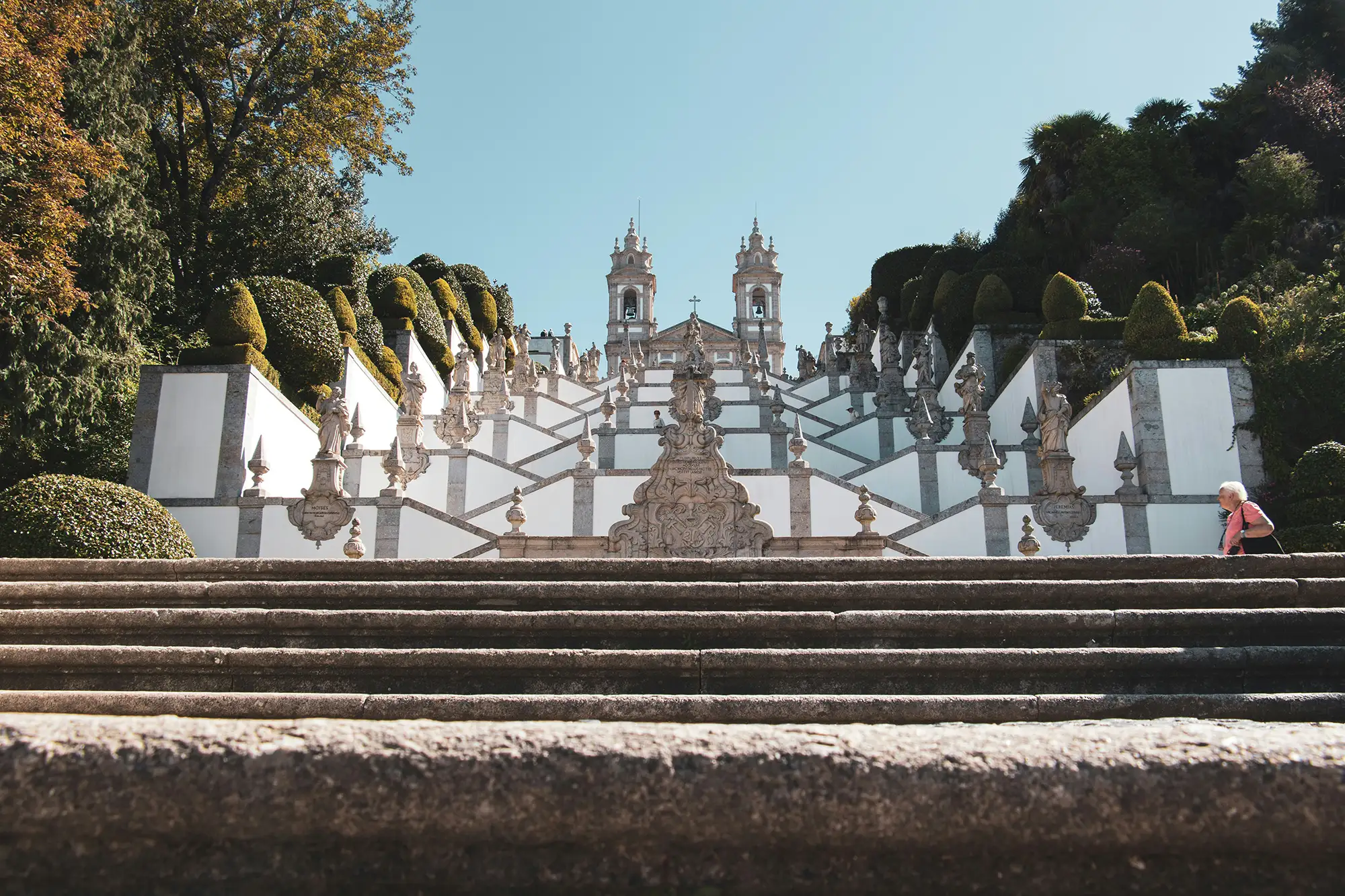 Bom Jesus do Monte sanctuary in Braga, Portugal — a common day trip from Porto, known for its baroque stairway and panoramic city views