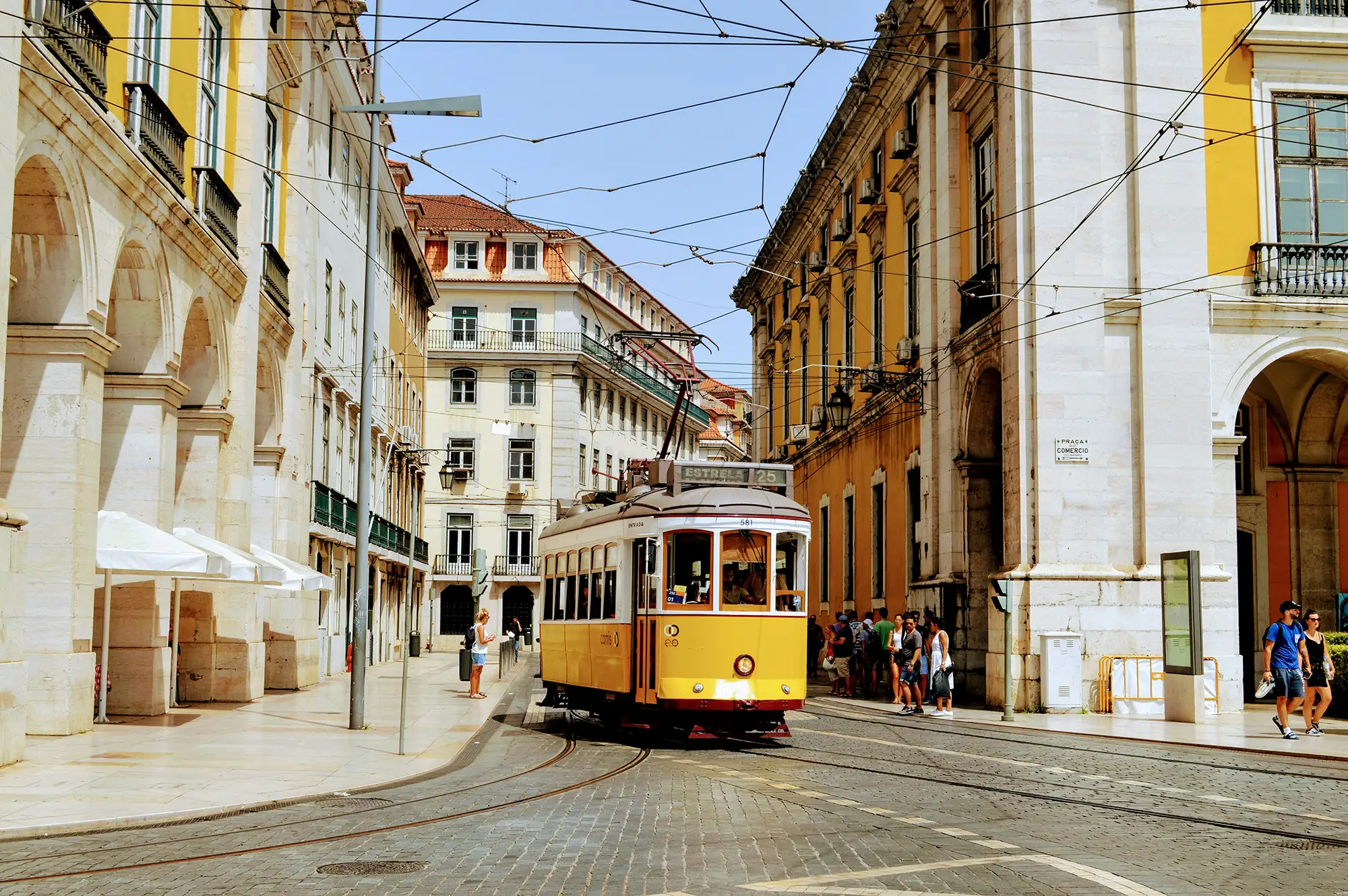 Electric tram in a street in Lisbon, Portugal — a common sight in the city and a great way to get around